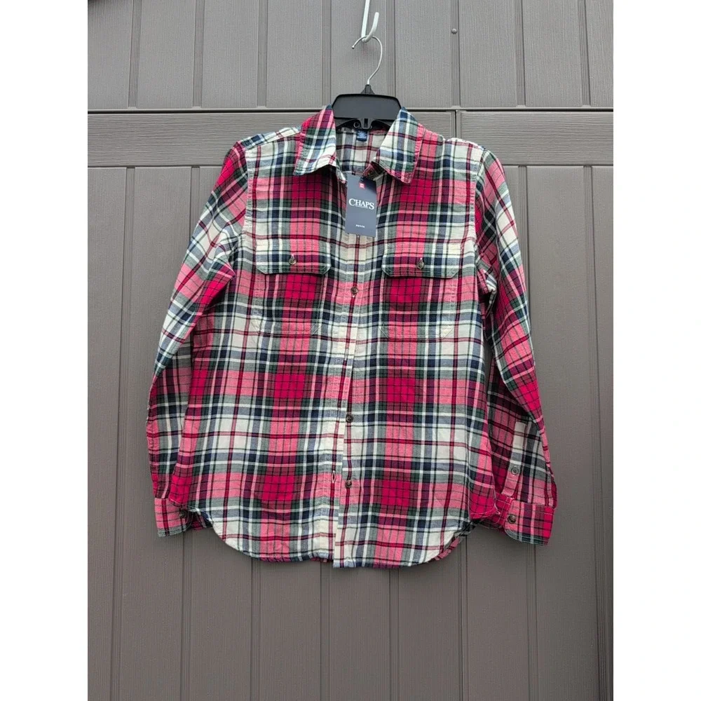 Chaps red plaid‎ long sleeve Petite Medium NEW